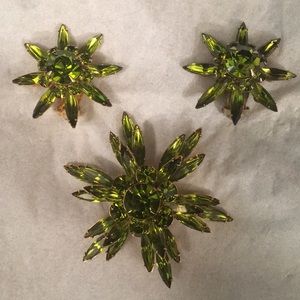 Vintage Peridot Color Brooch & Clip Earrings